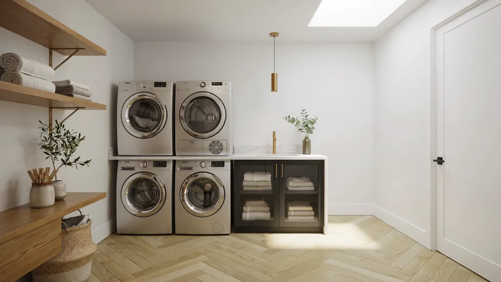 Modern luxury laundry room with waterfall quartz counter and steel cabinets