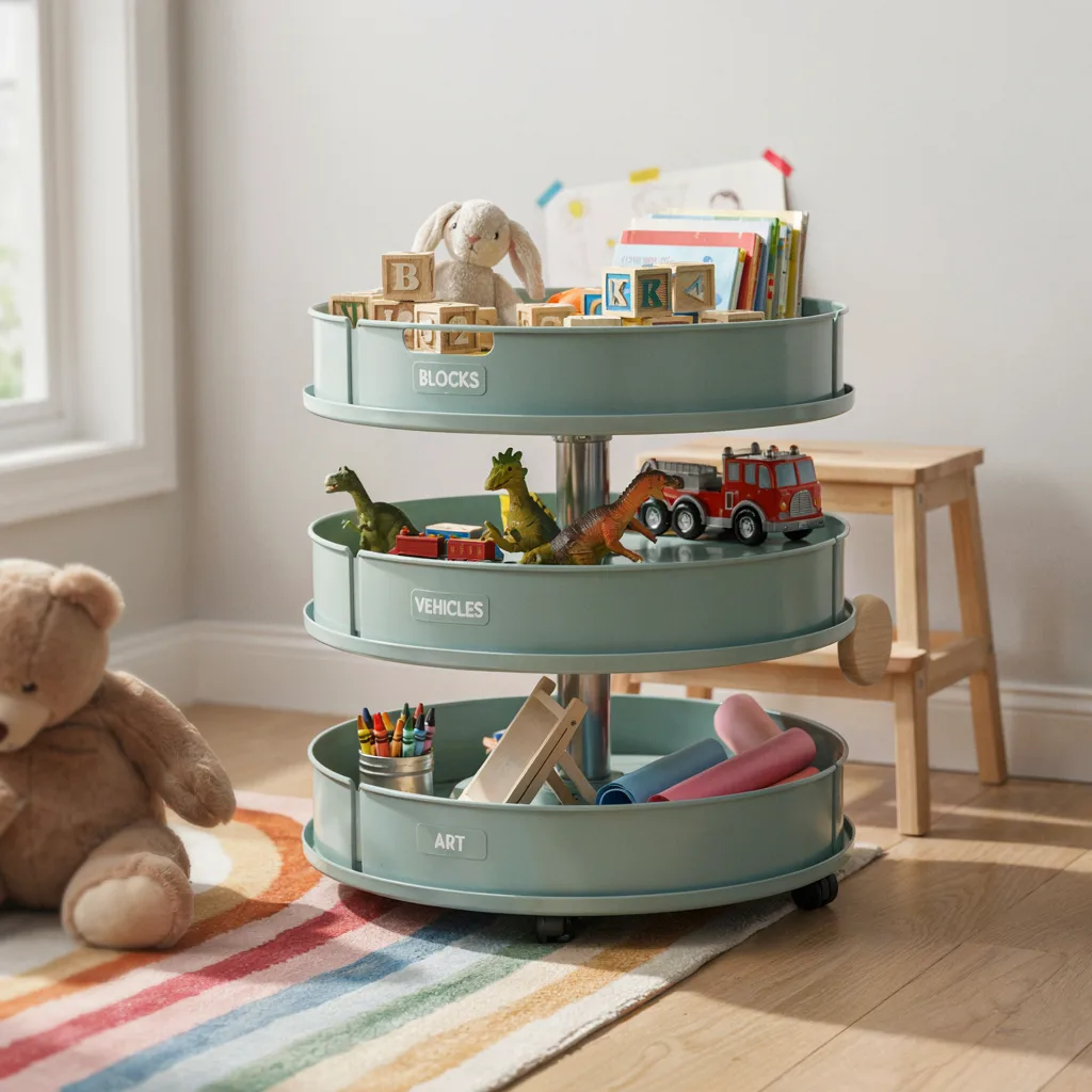 Rotating lazy Susan toy storage in corner