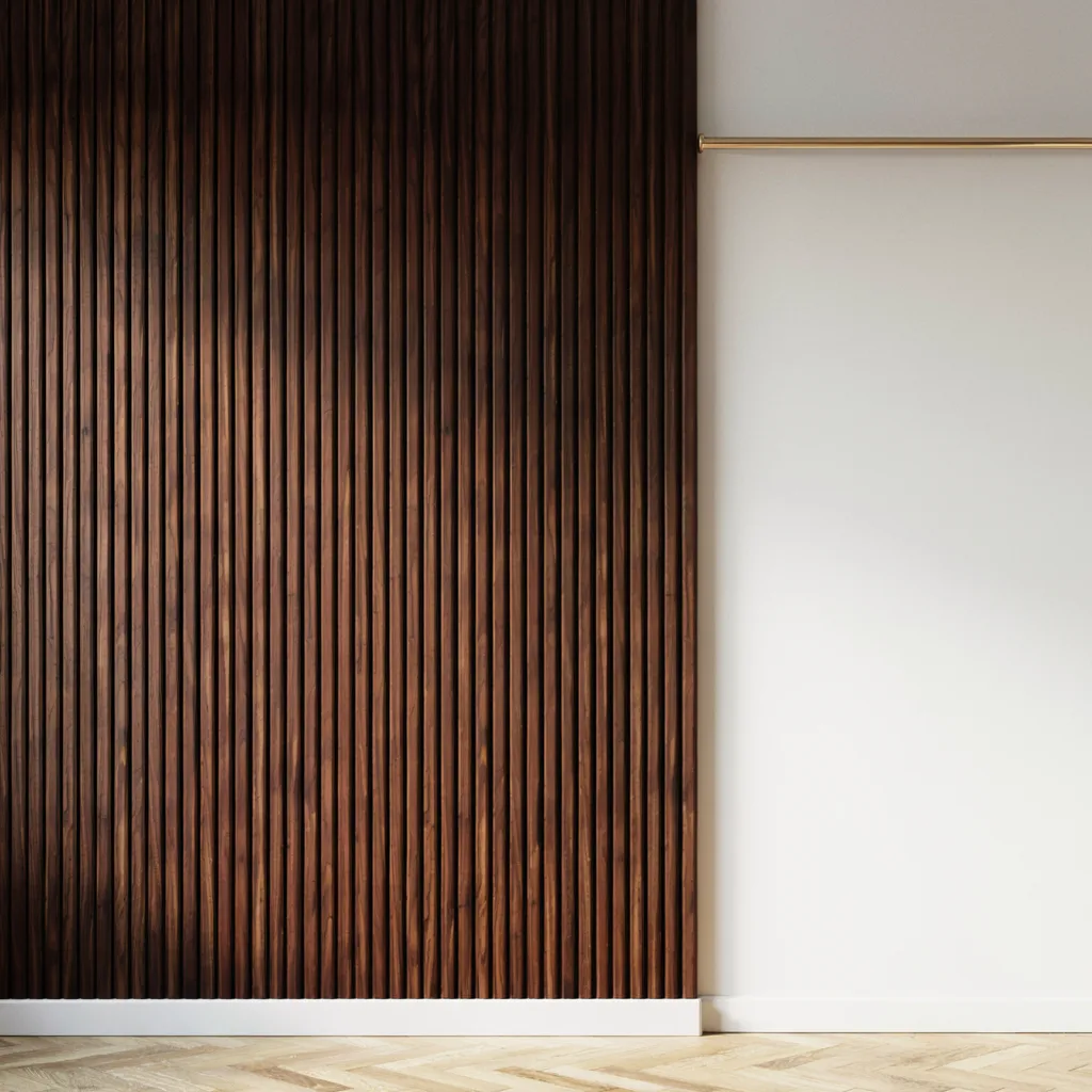 Fluted walnut wall paneling in living room
