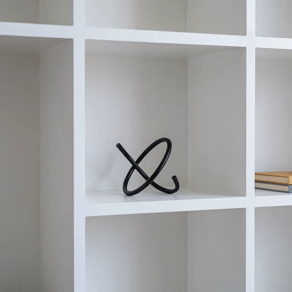 Sculptural iron stand on white bookshelf