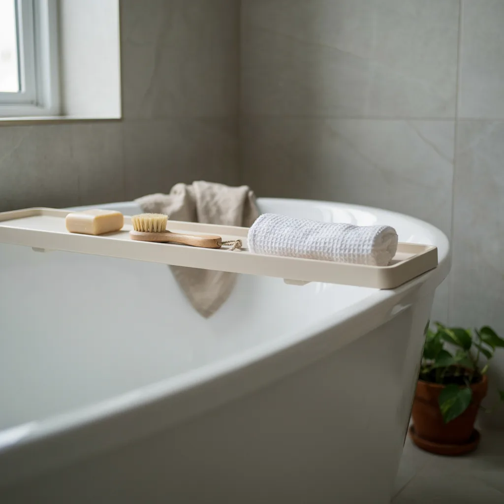 Ceramic bath caddy tray across bathtub edge