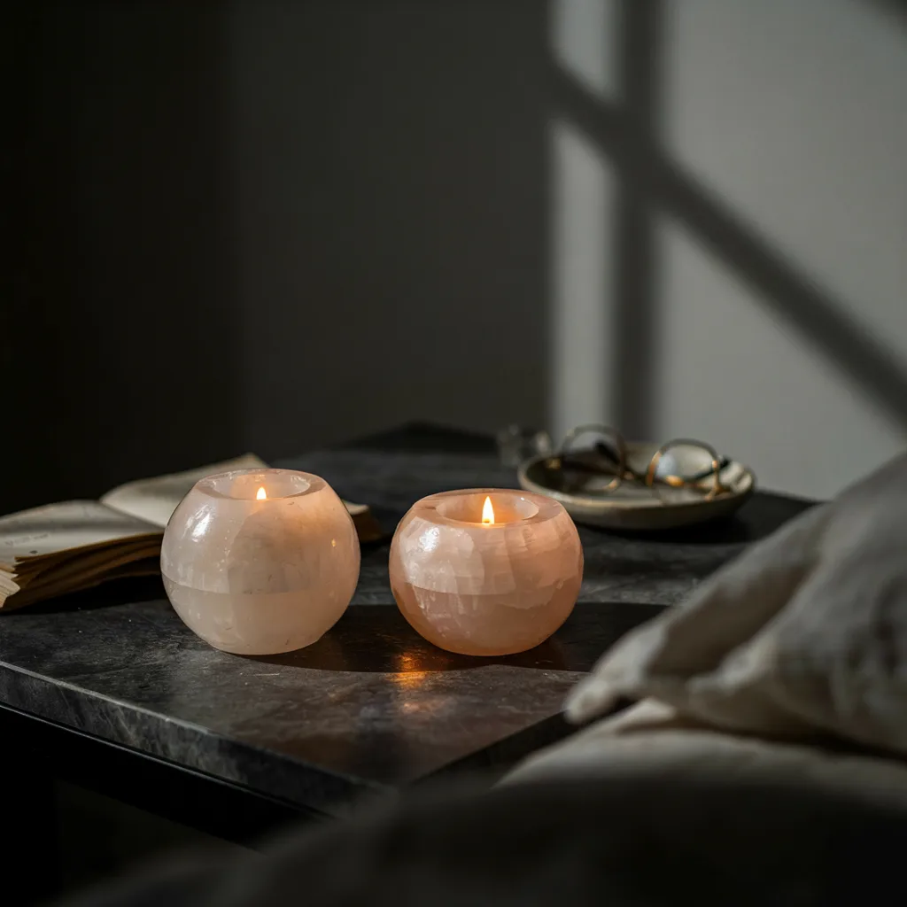Hand-carved alabaster tealight globes glowing on nightstand