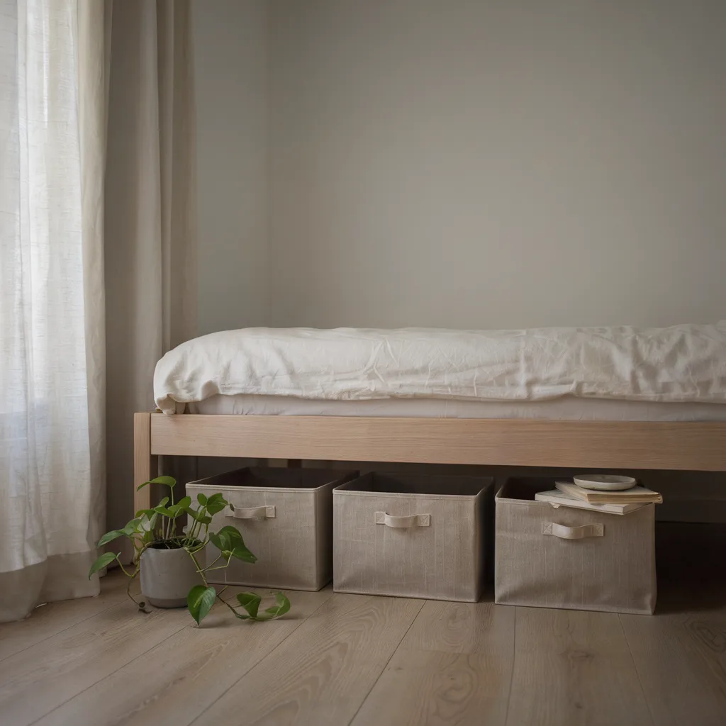 Fabric storage bins under platform bed