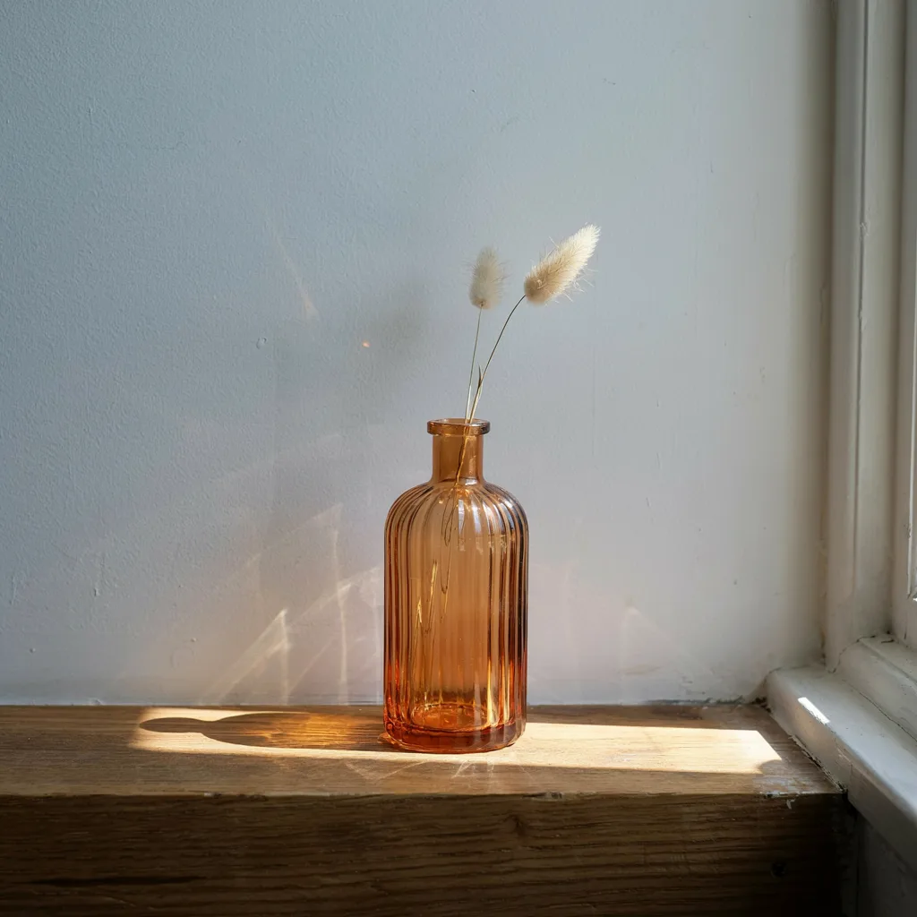 Fluted amber glass vase with dried grass stems