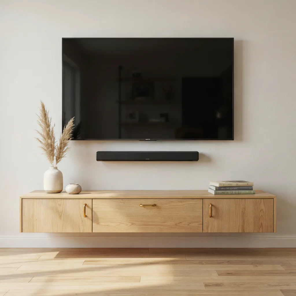 Floating white oak media console under TV
