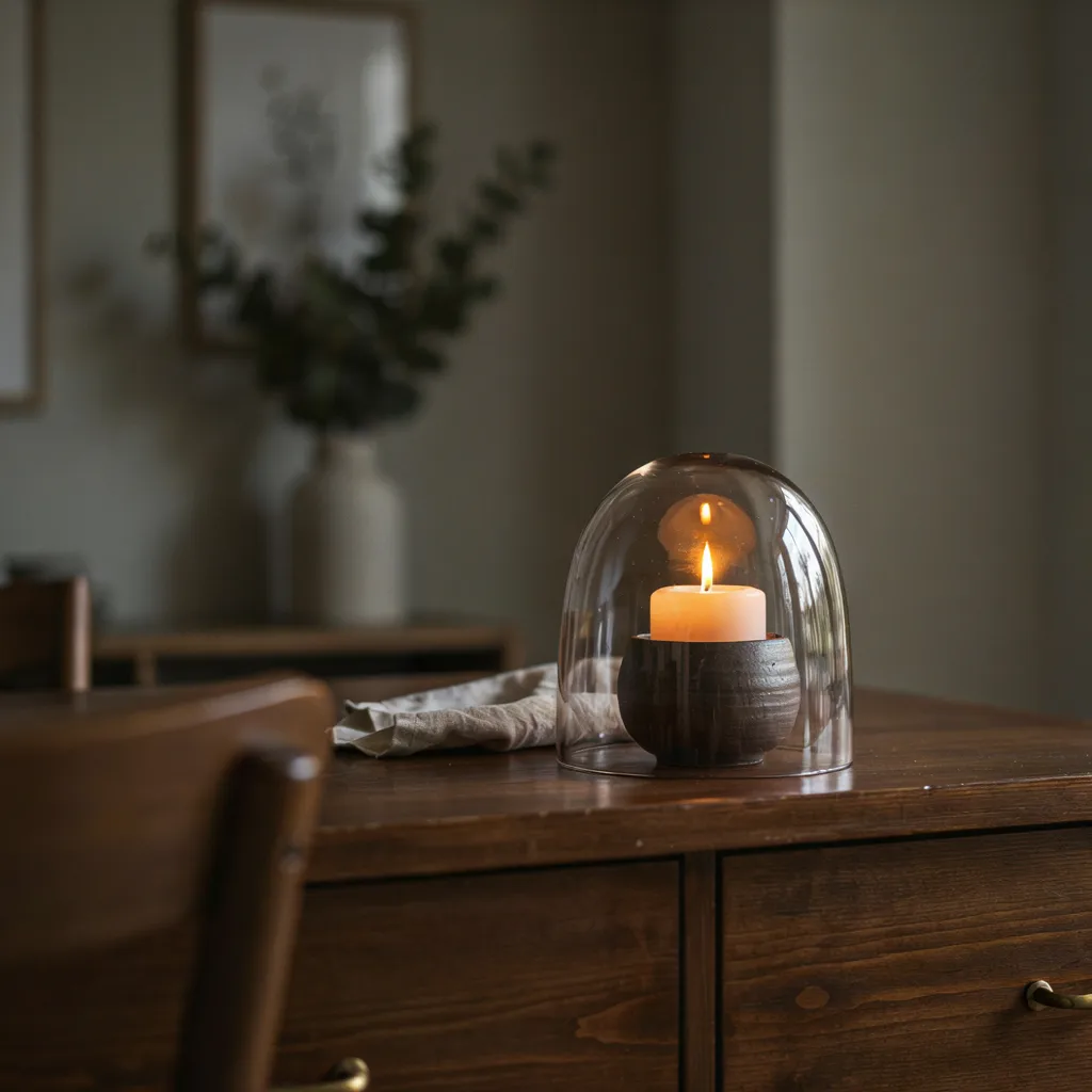 Smoked glass cloche covering ceramic candle on sideboard