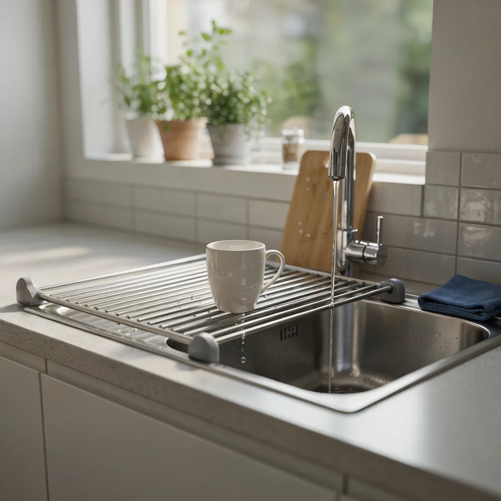Roll-up drying rack over kitchen sink