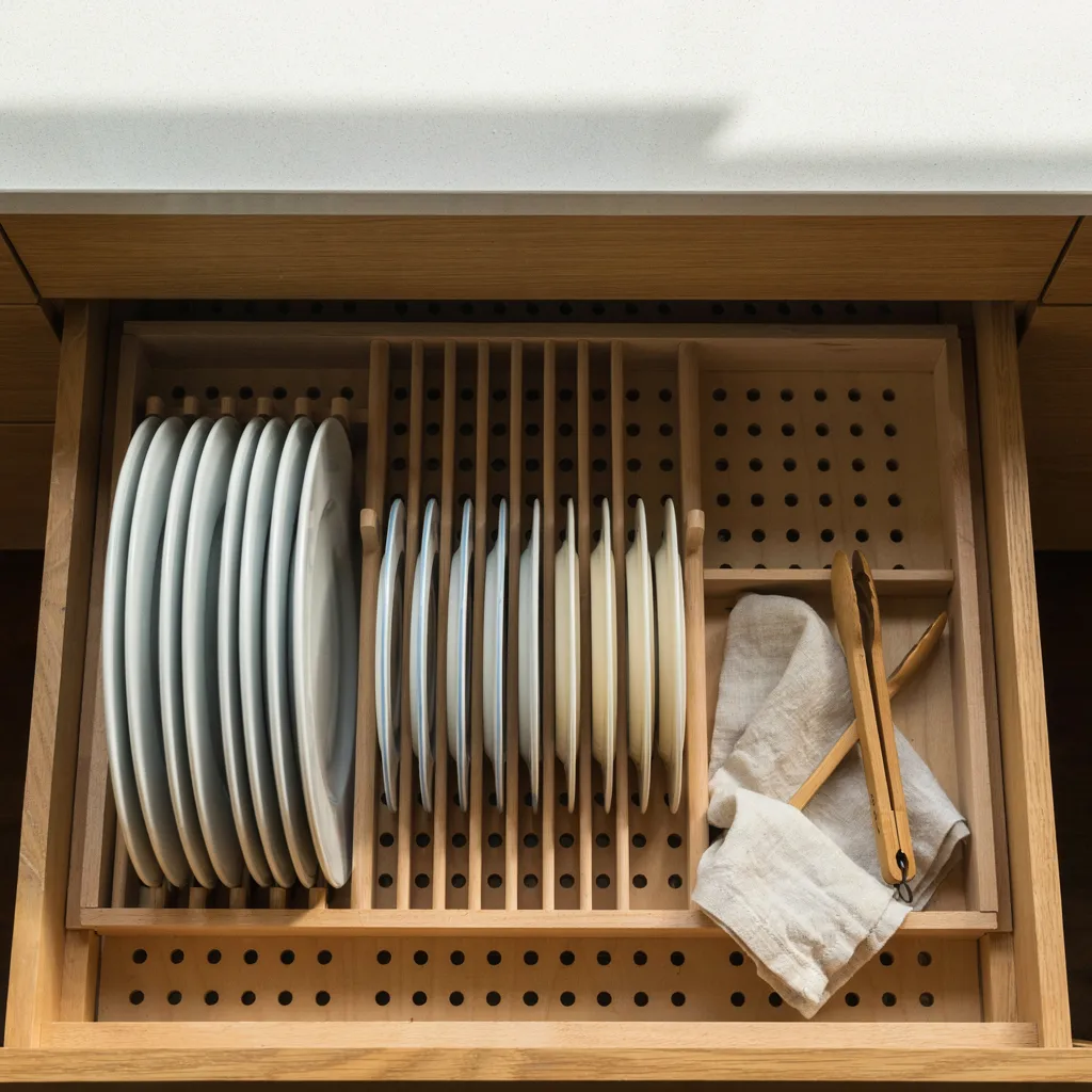 Deep kitchen drawer with pegboard plate organizer