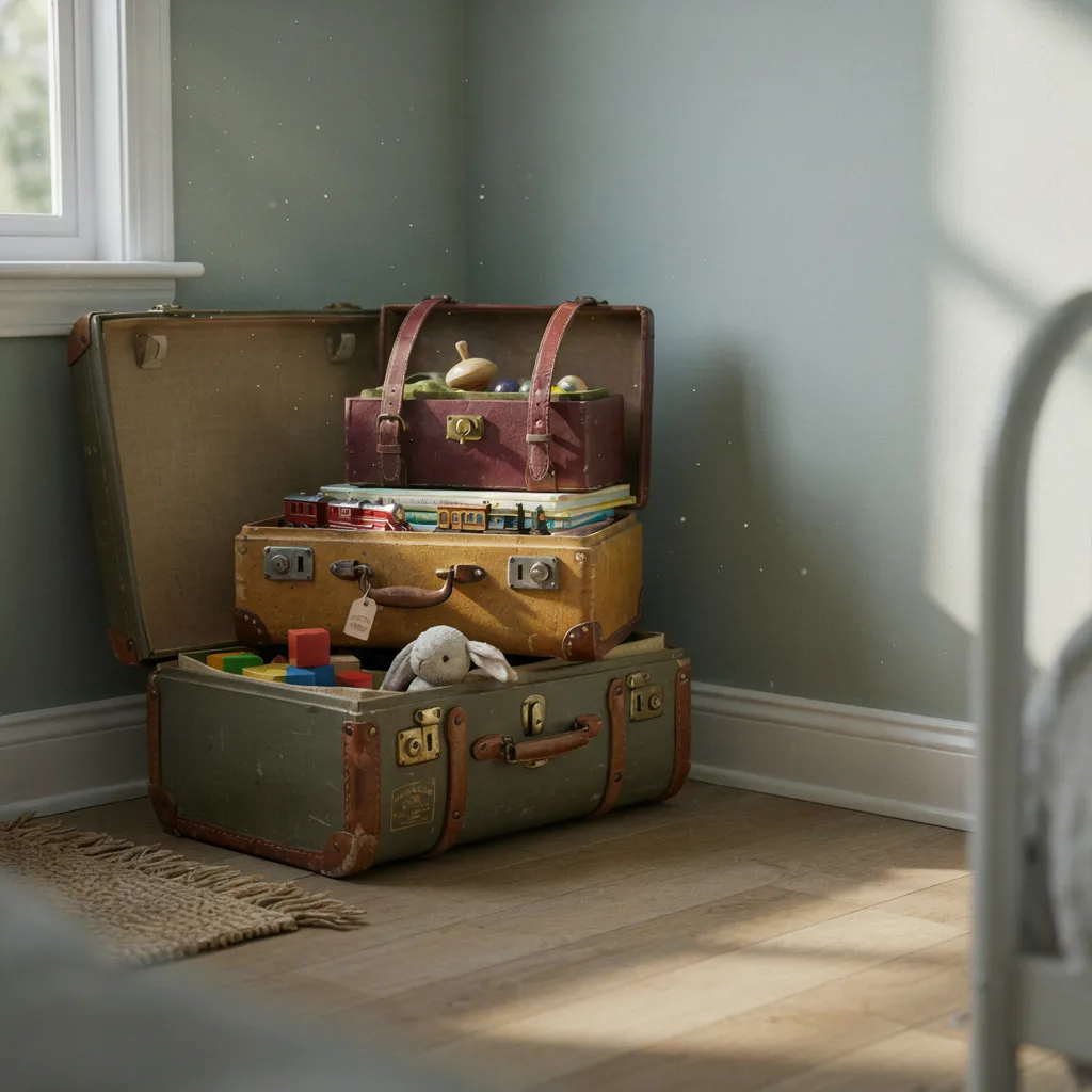 Stacked vintage suitcases used for toy storage