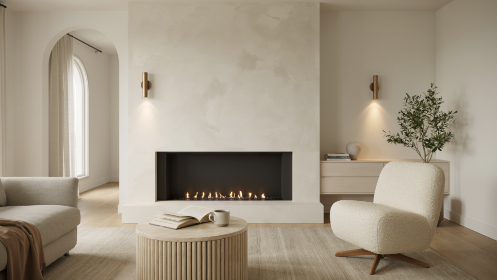 Modern living room with plaster fireplace and travertine table