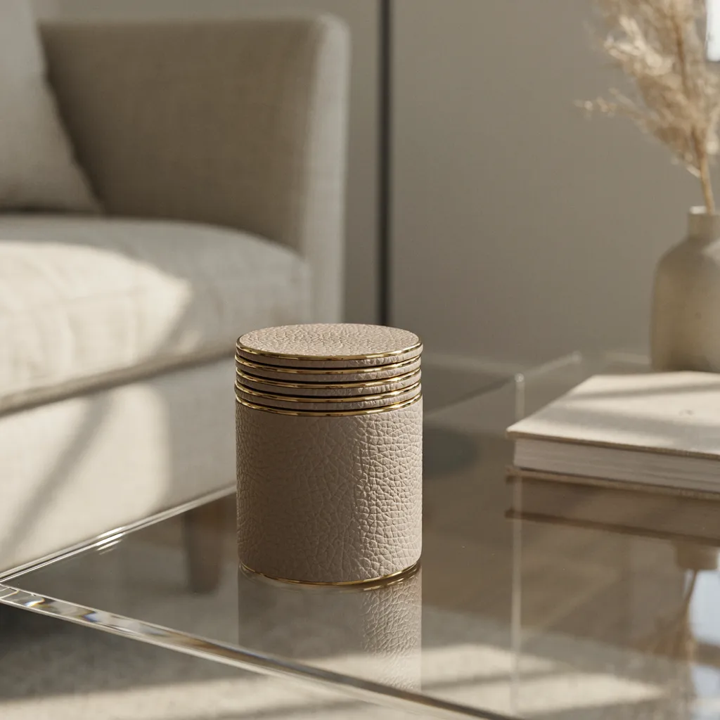 Shagreen coaster set with brass rim on glass table