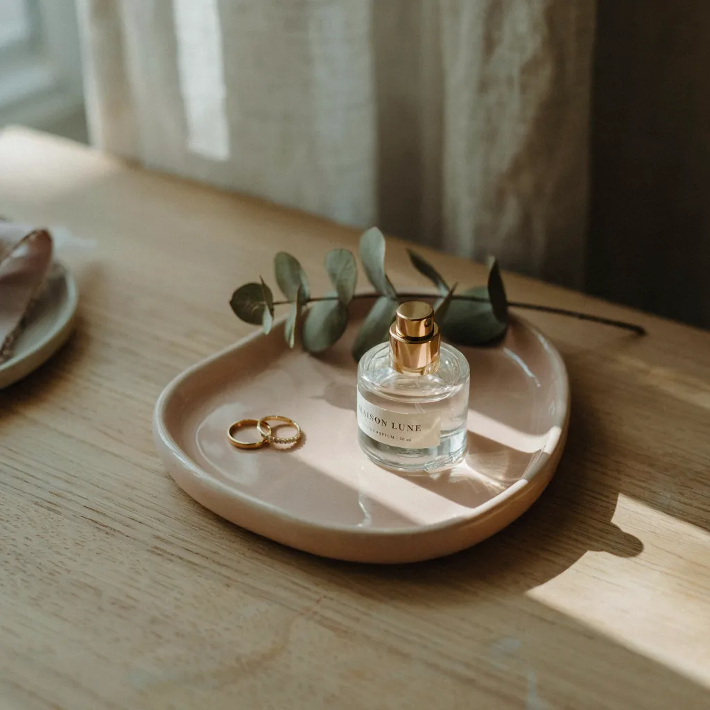 Small ceramic trinket tray on bedroom vanity