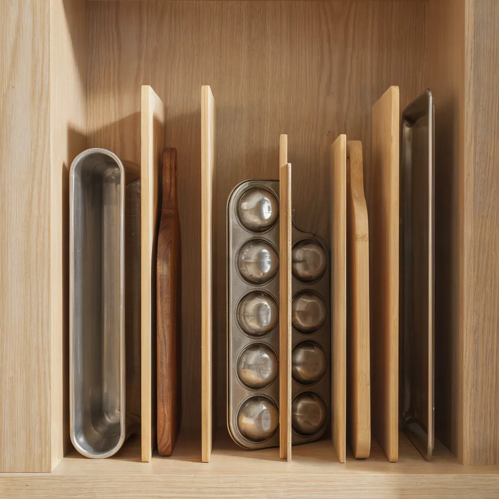 Vertical dividers holding baking sheets in cabinet