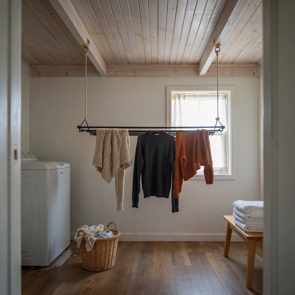Pulley-mounted wooden ceiling drying rack
