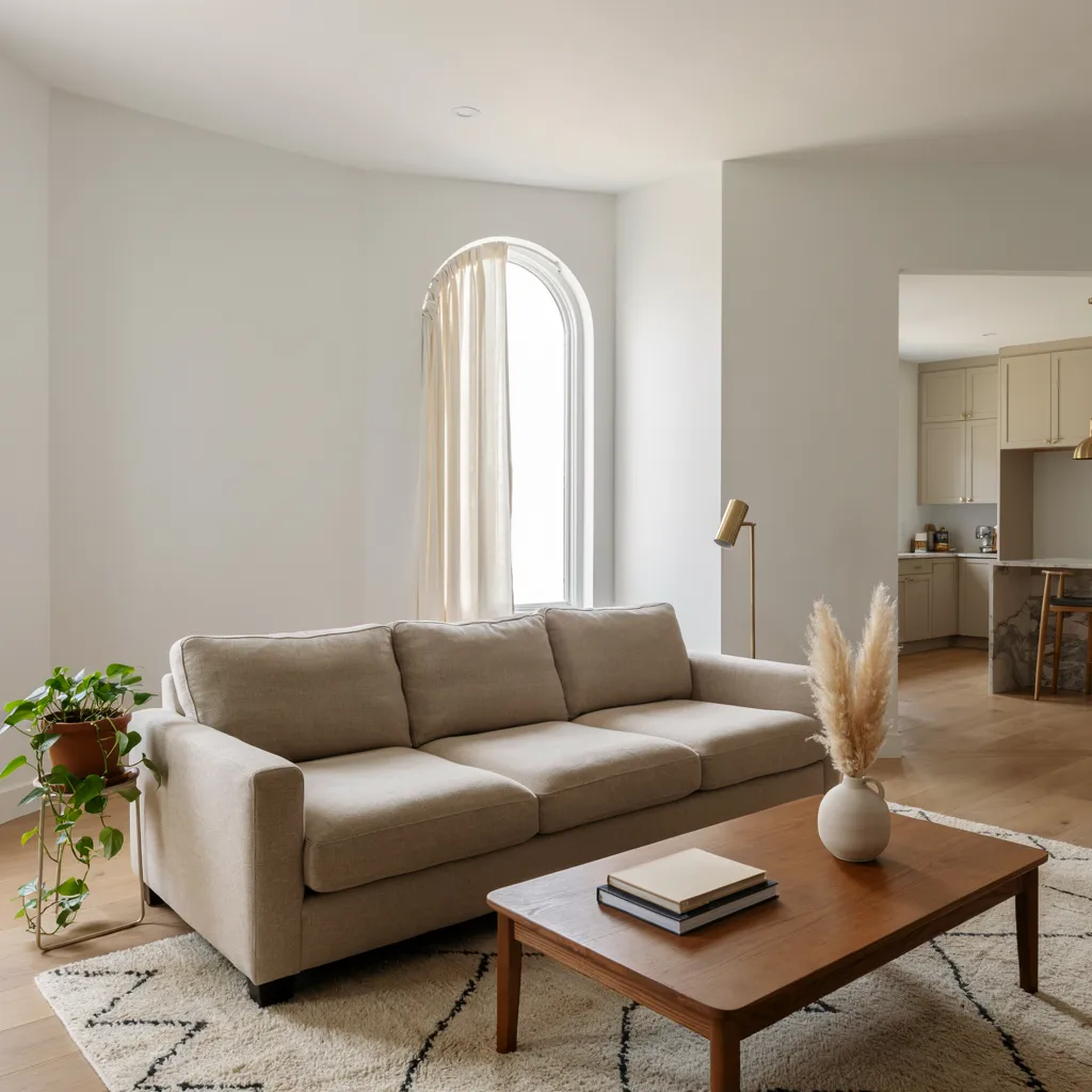 Floating sofa layout with wide walkway in living room

