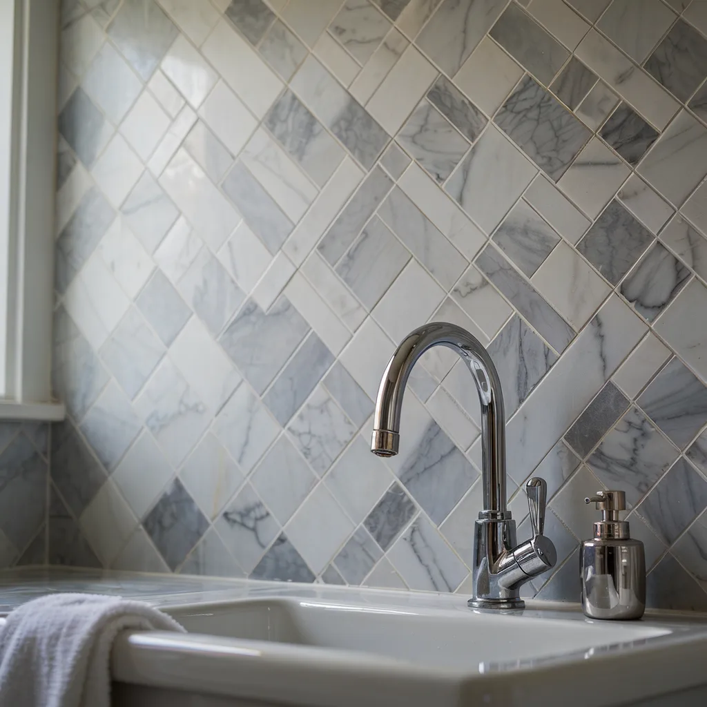 Herringbone marble tile behind laundry sink
