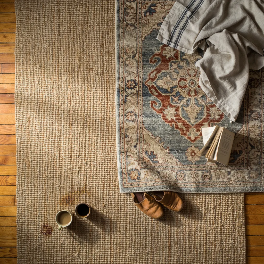 Jute rug layered with vintage wool rug