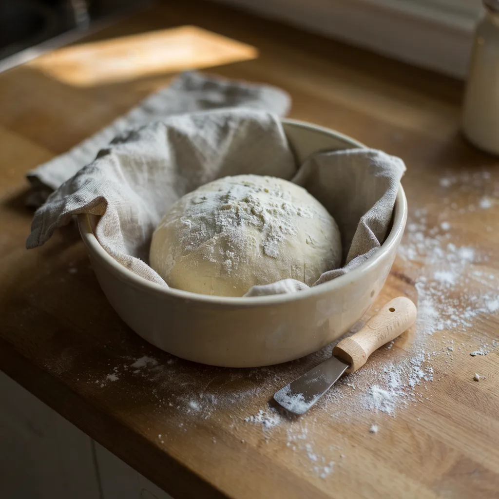 Stoneware bread proofing bowl lined with linen