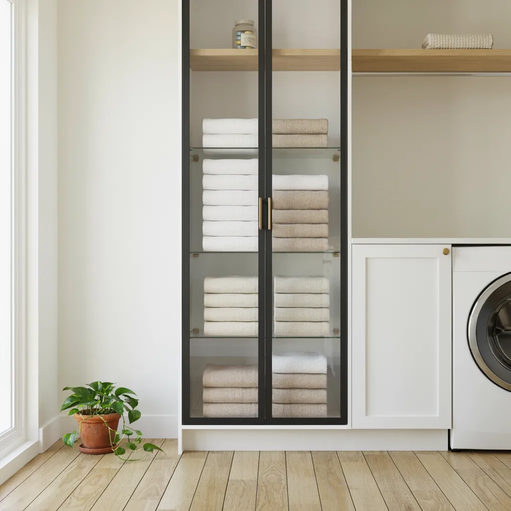 Matte black steel-framed glass laundry cabinet doors

