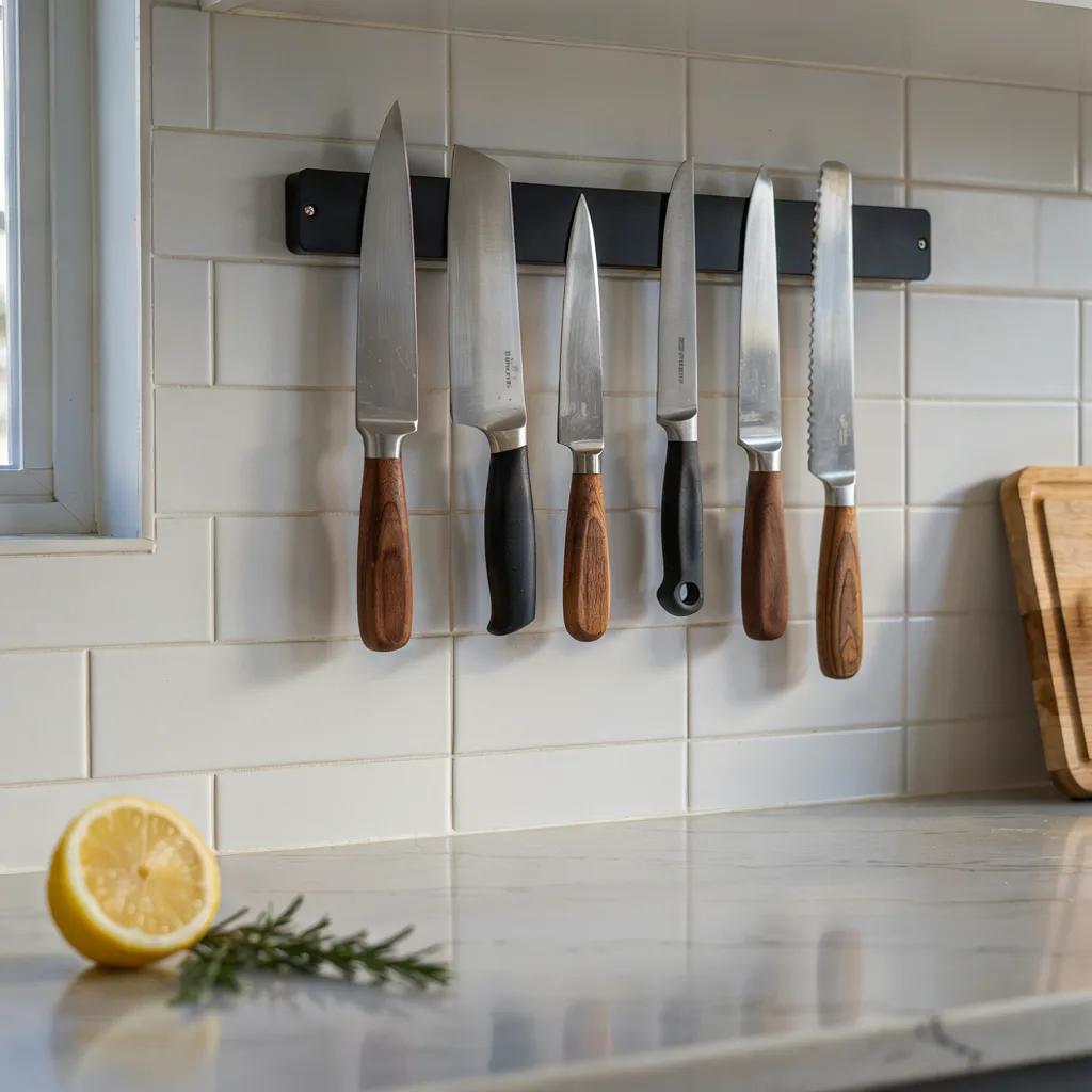 Matte black magnetic knife strip on kitchen backsplash