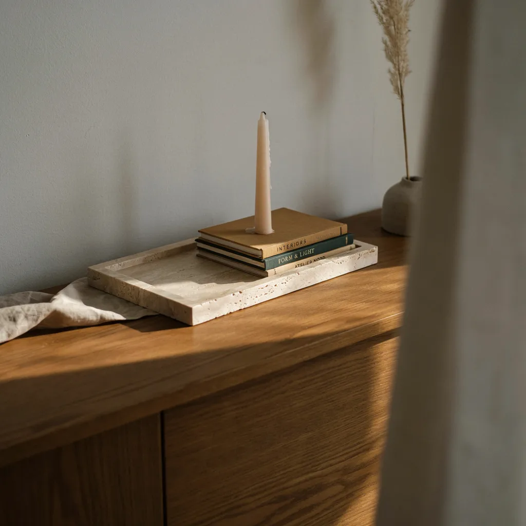Carved travertine tray styled with candle and books