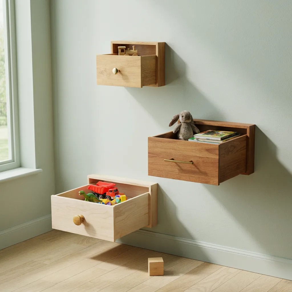 Wall-mounted floating drawers holding toys