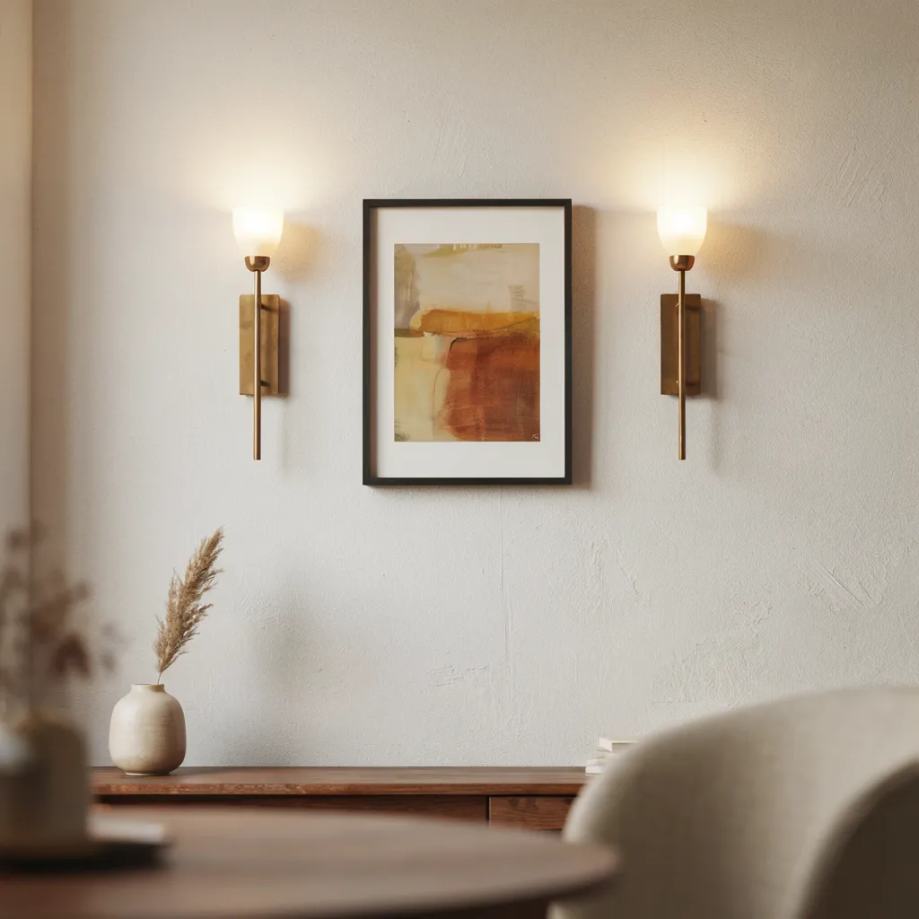 Unlacquered brass linear sconces on living room wall
