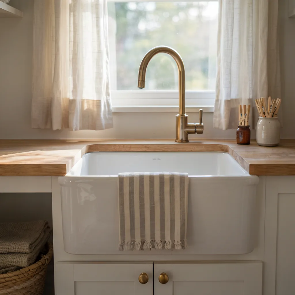 Fireclay apron-front sink with gold faucet
