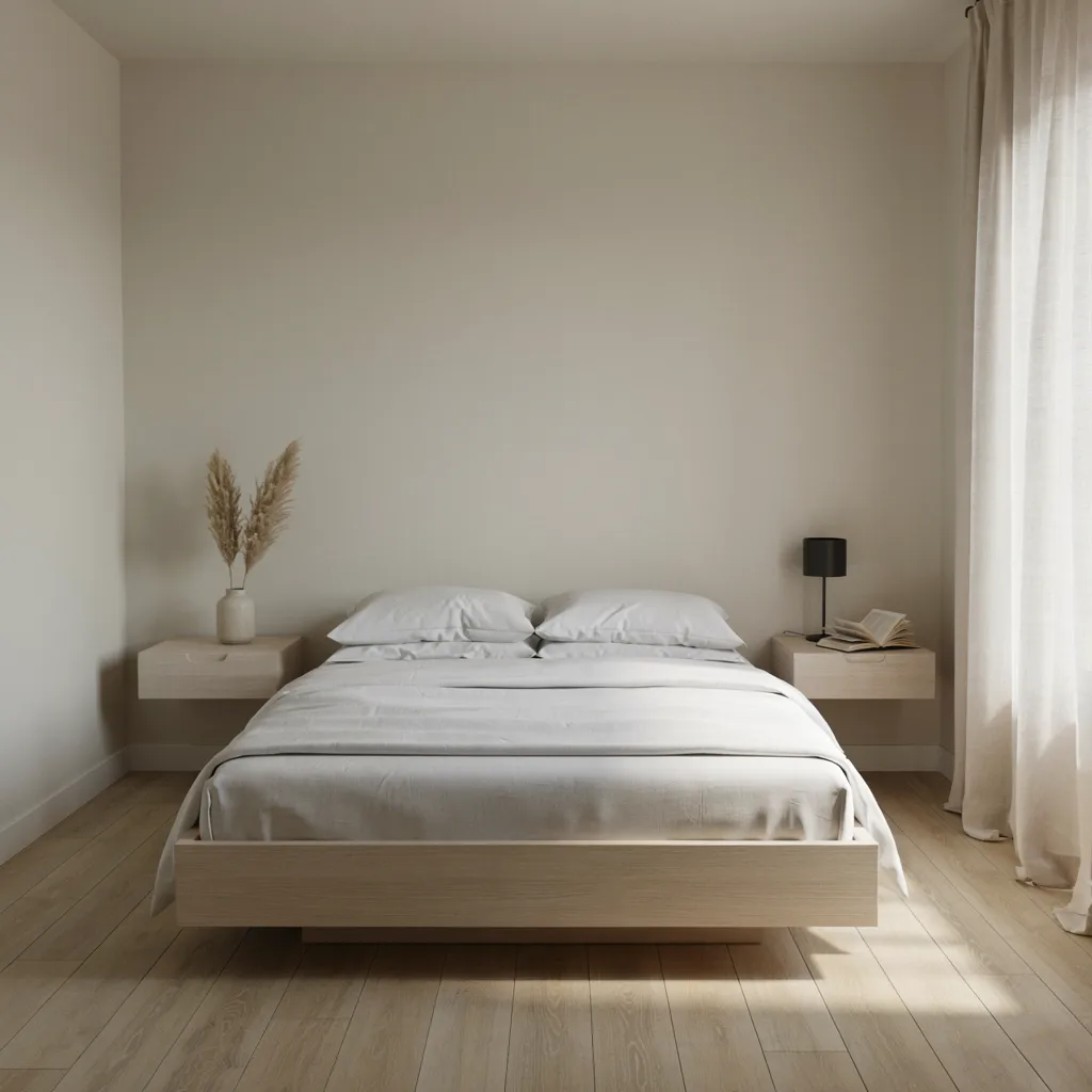 Low-profile oak platform bed in minimalist bedroom