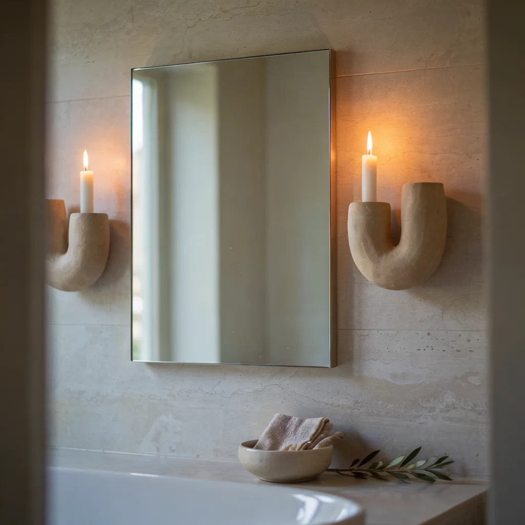 Clay wall sconce candle holders beside mirror