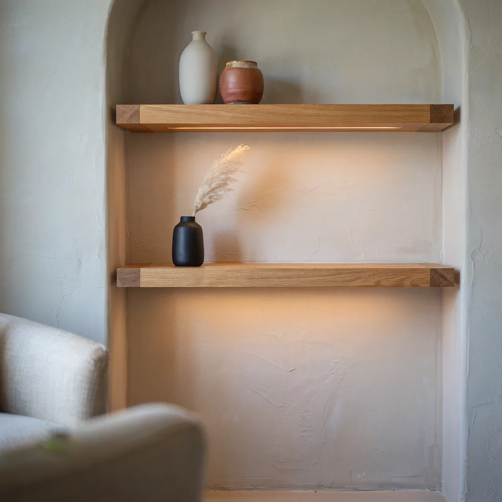 Warm LED floating shelves in wall alcove
