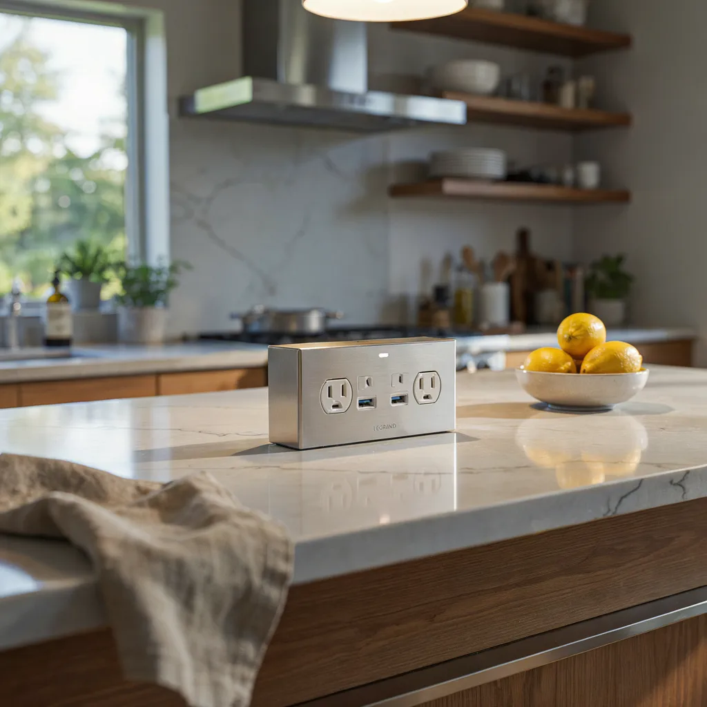 Hidden pop-up electrical outlet on island counter