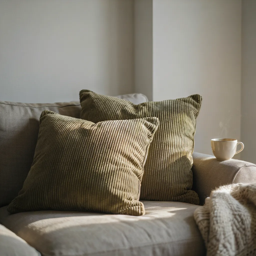 Olive corduroy throw pillows on grey sofa
