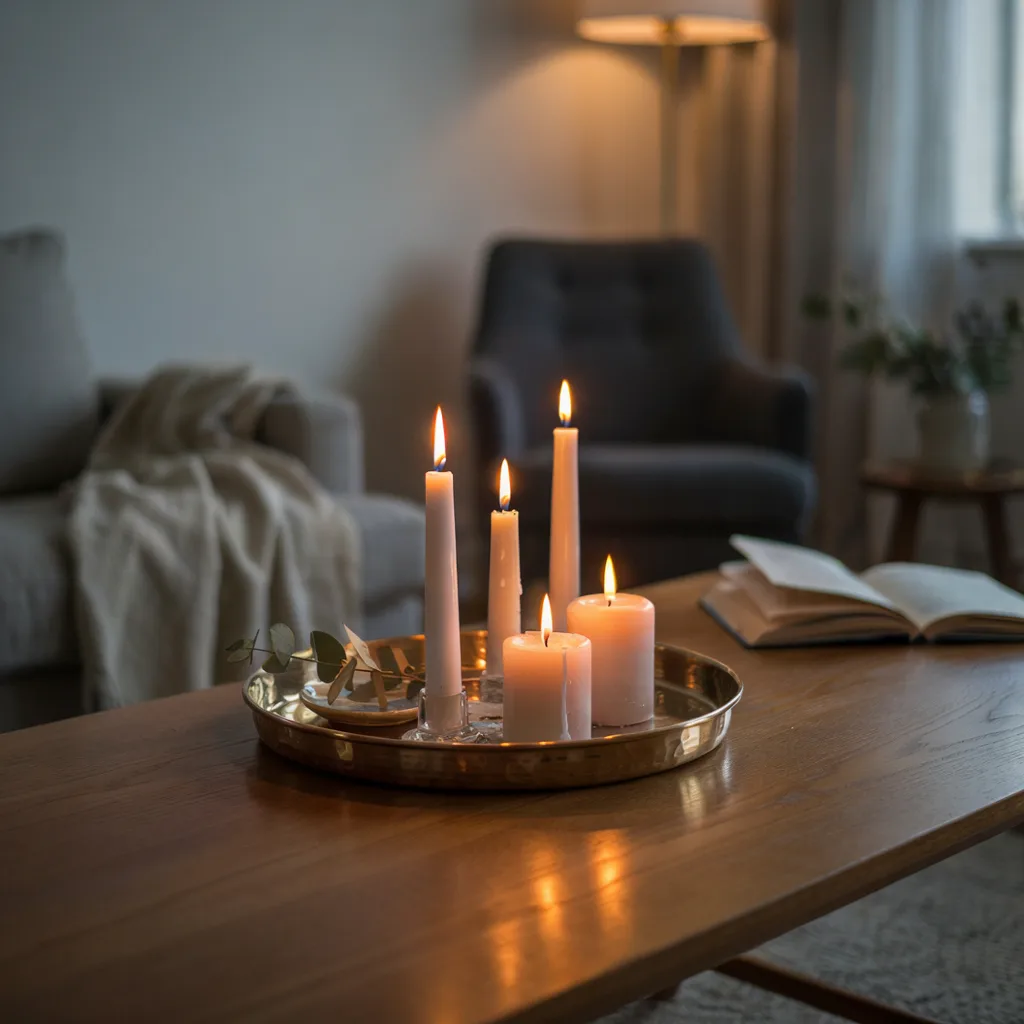 Brass tray with pillar candles