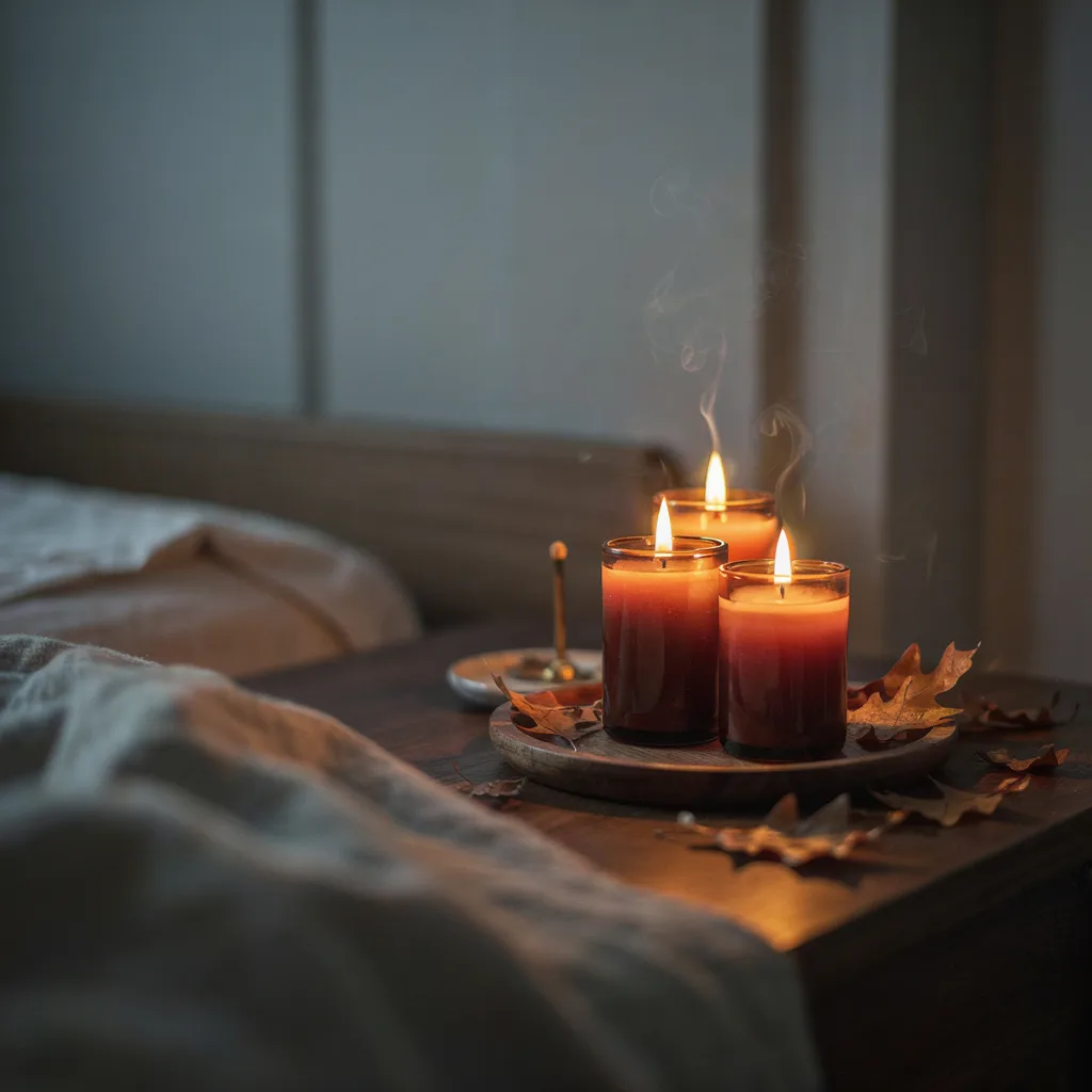 Three amber glass candles clustered on a wooden dish for fall ambiance
