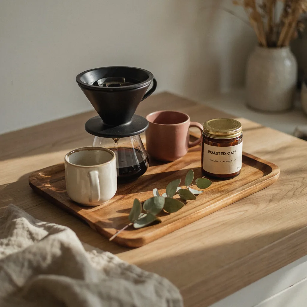Walnut wood tray styled as a coffee station on a kitchen counter
