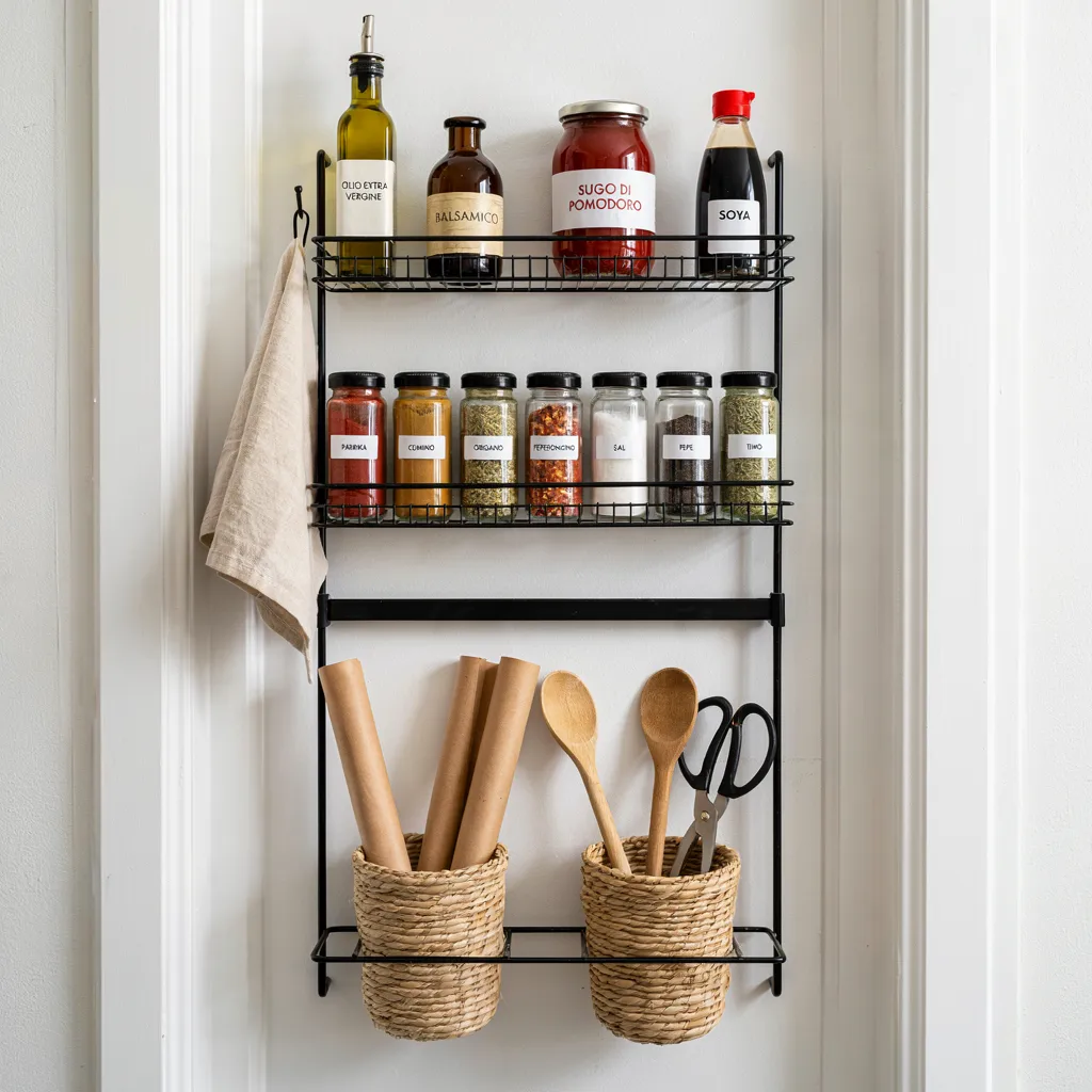 Over-the-door rack holding pantry bottles and jars
