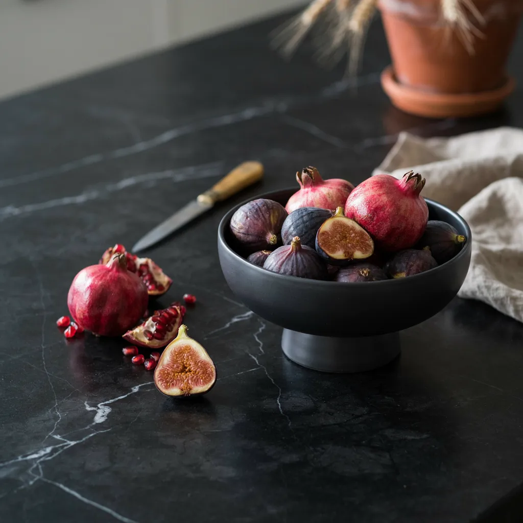 Matte black ceramic bowl filled with pomegranates and figs