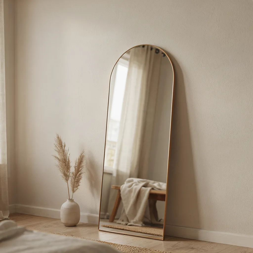 Bronze-tinted frameless floor mirror in bedroom
