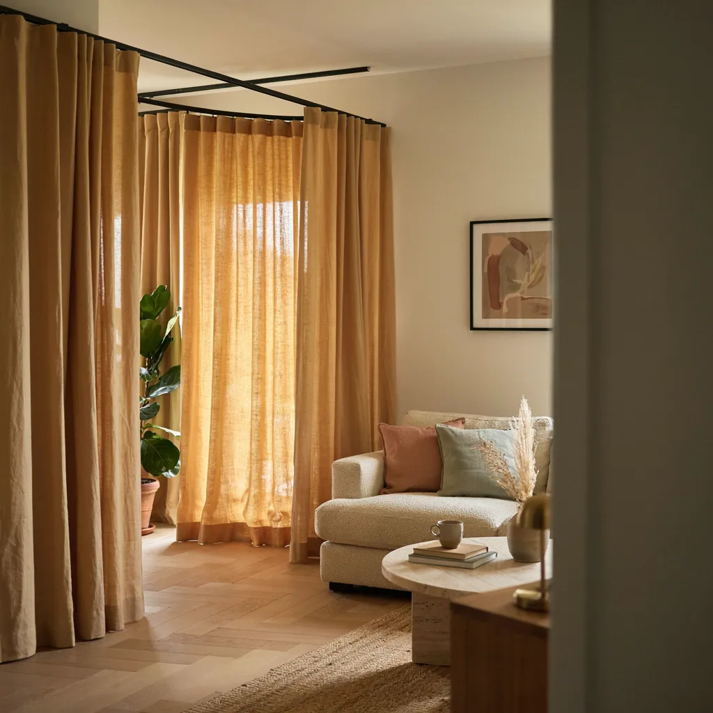 Ochre linen curtains in living room
