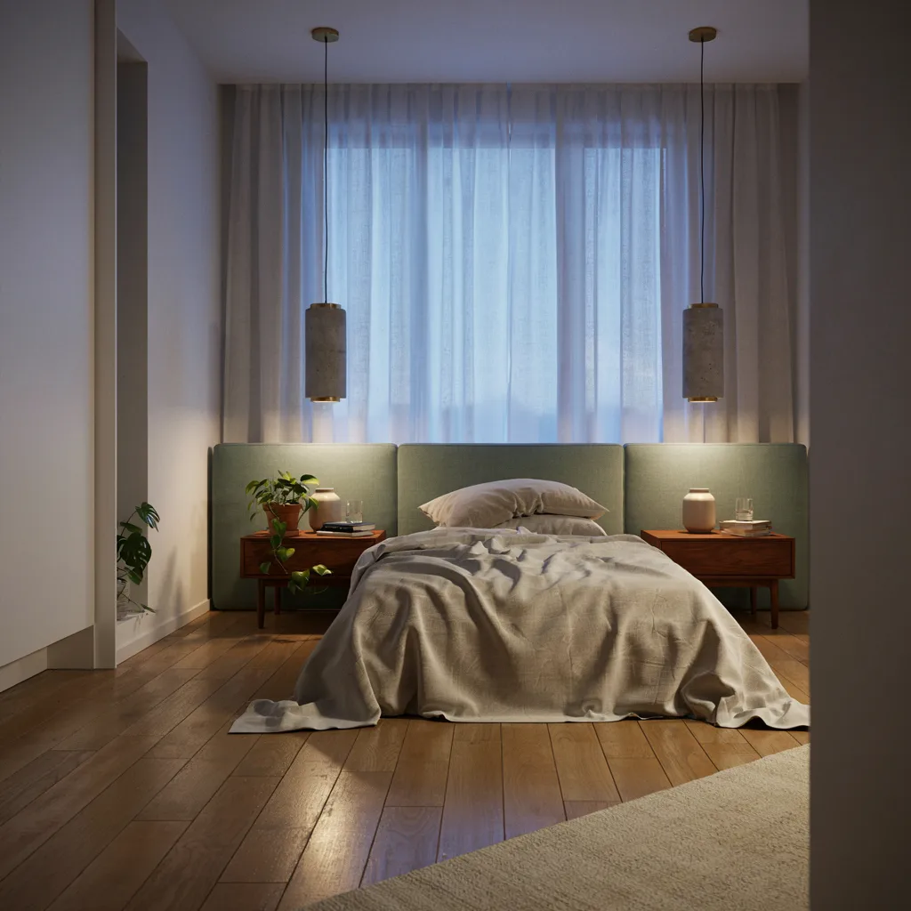 Concrete and brass pendant lights over nightstands
