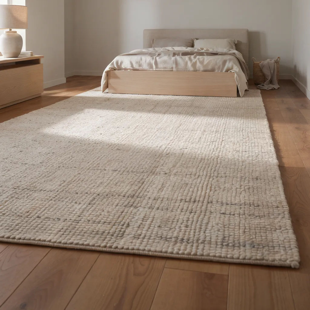 Oversized wool area rug under platform bed
