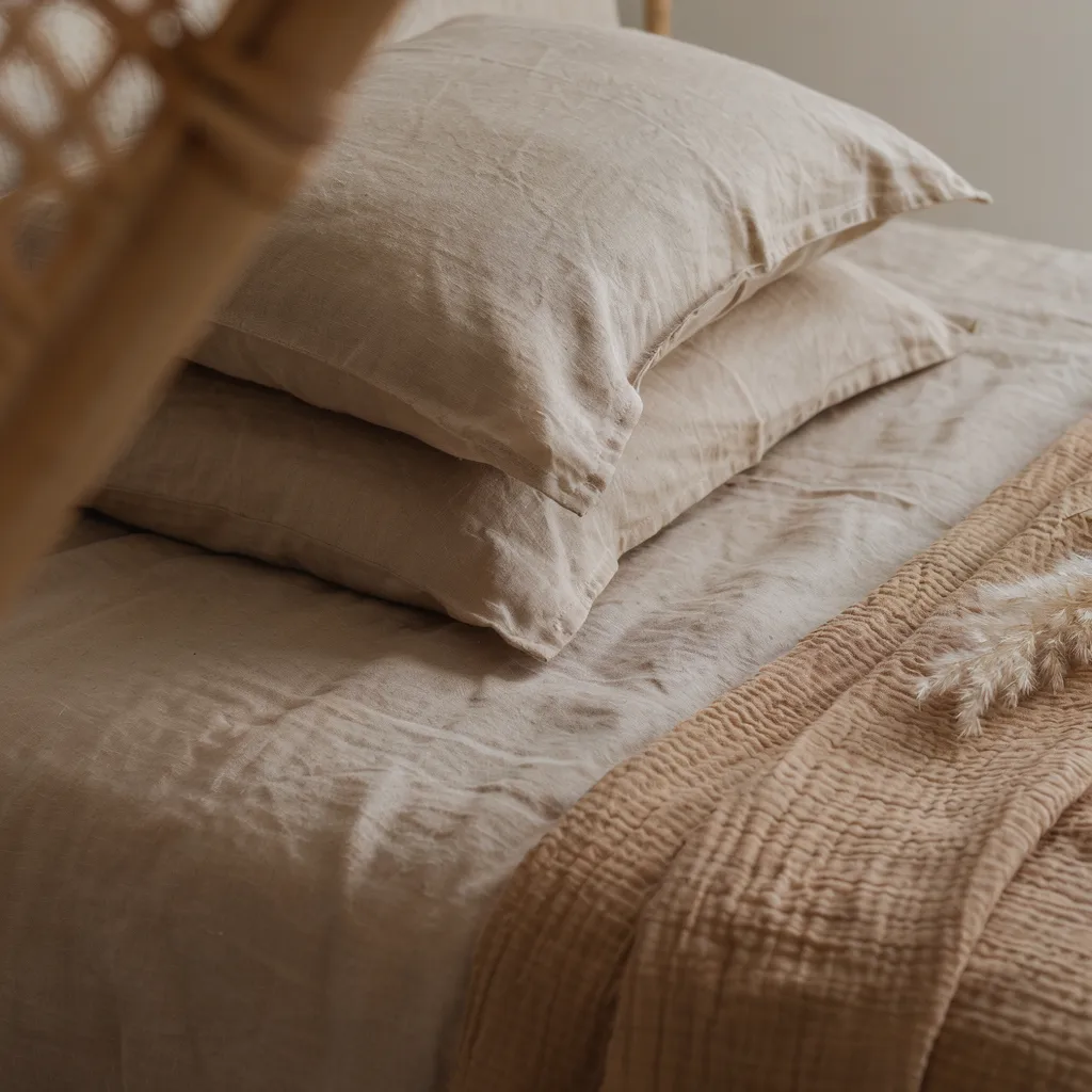 Monochromatic layered linen bedding close-up
