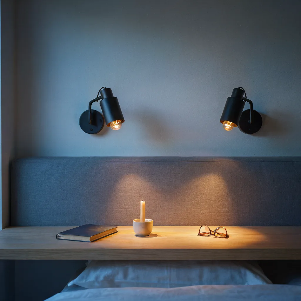 Matte black swing-arm sconces above headboard

