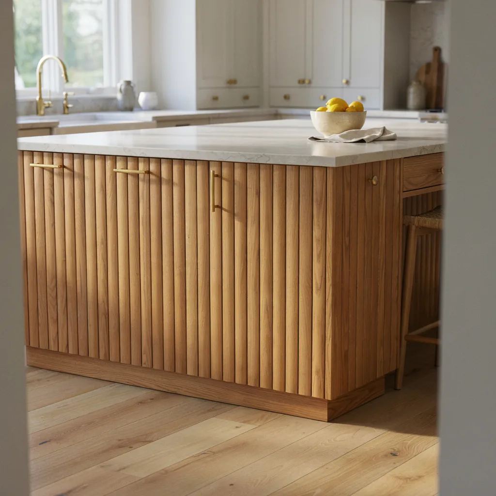 Fluted wood panel base on kitchen island