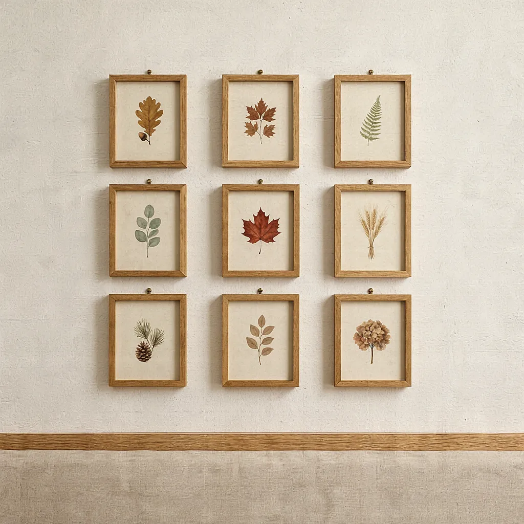 Autumn botanical gallery wall grid above a wooden bed headboard

