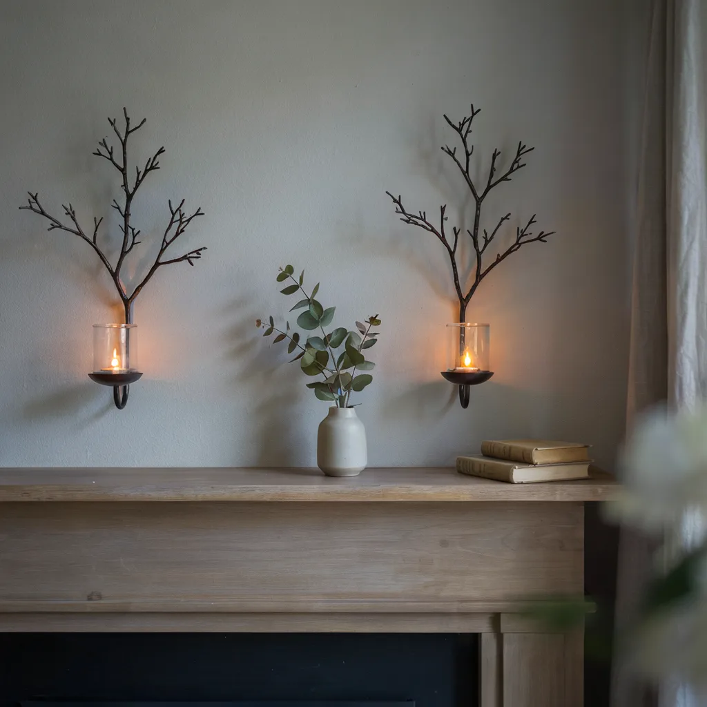 Iron branch wall sconces beside fireplace mantel
