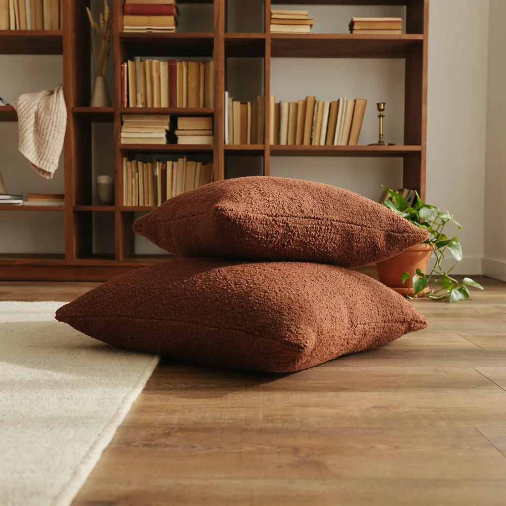 Stacked bouclé floor cushions