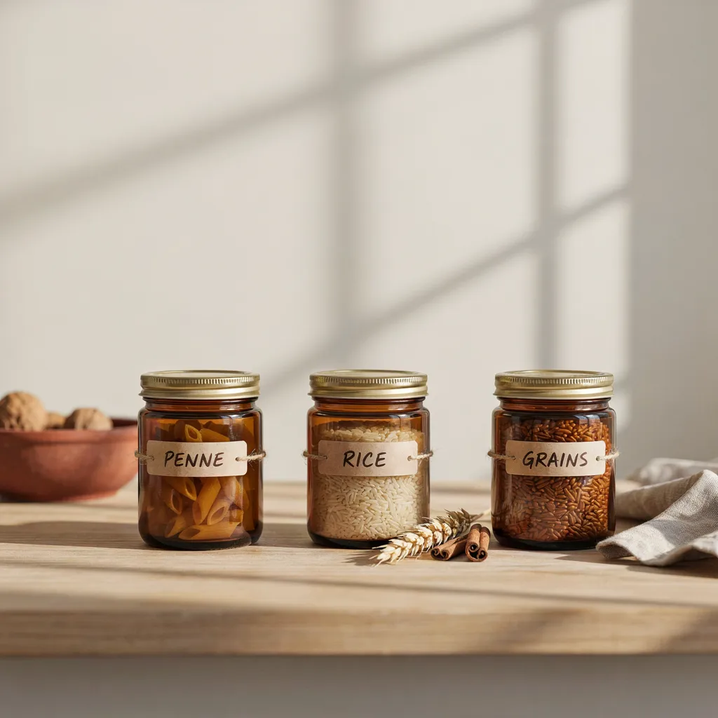 Amber glass jars filled with pasta and grains on a kitchen counter
