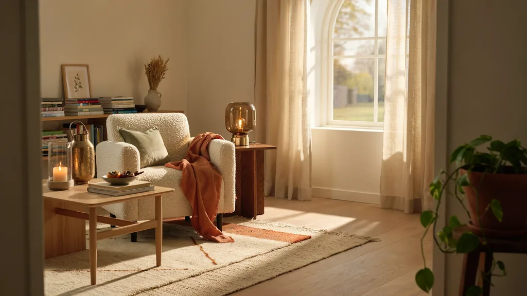 Cozy fall living room with bouclé chair and amber lamp